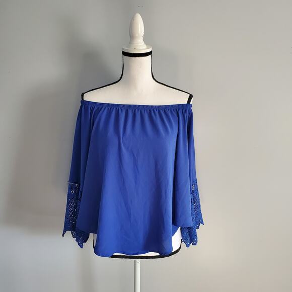 Cleo Blue Off The Shoulder Boho Peasant Top L - Picture 1 of 6